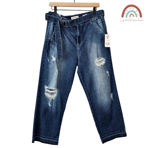 New! GUESS 1981 High Rise Belted Straight Leg Crop Distressed Raw Hem Jeans - Picture 2 of 9